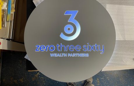 Sign for Zero Three Sixty Wealth Partners in blue letters