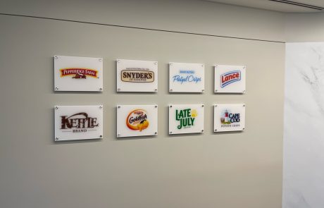 Acrylic Lobby Branding Signs | Pepperidge Farms, Snyder's of Hanover, Pretzel Crisps, Lance, Kettle Brand, Goldfish, Late July, Cape Cod