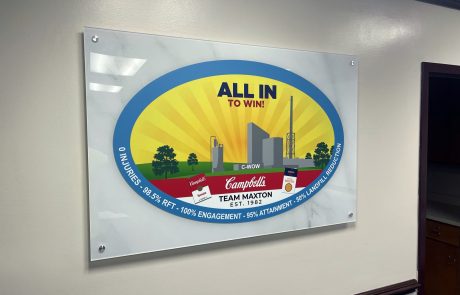 Custom Acrylic Interior Sign, Yellow Background, All in to win, Campbells Soup Logo