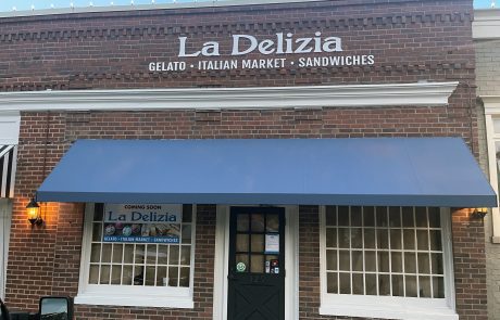 Durable Outdoor Fascia Sign, Brown Brick Biulding with white letter, LaDelizia Gelato Italian Market Sandwiches