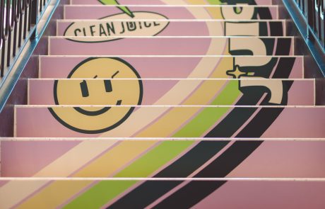 Indoor Stair floor decal sign, First half of a flight of stairs, Clean Juice, Juice Jam