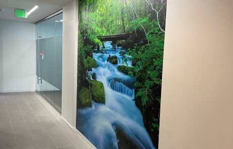 Environmental Lobby Signage, Full wall graphic of a river in the forest.