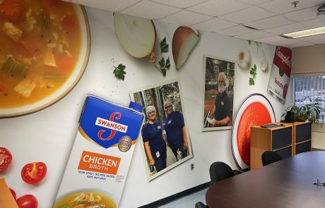 Interior wall decal for a restaurant that offers soups. Swanson Chicken Broth. Campbell's Tomato.