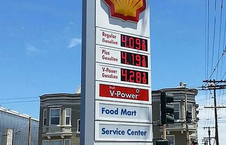 Outdoor Pylon Sign, Shell Gas station logo in Yellow and Red. Gas prices, 4.09, 4.19, 4.28