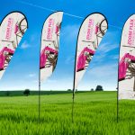 Event Decal, White Background, Pink letters, Zoom Flex, In a bright green field with a bright blue sky background.