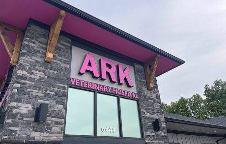 Brick building with Outdoor Channel Letters that read ARK Veterinary Hospital in bold dark color.