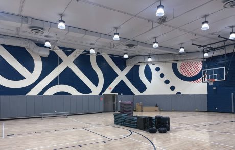 Innovative indoor wall mural for a basketball gym in dark blue and white.