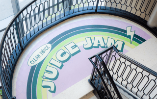 tradeshow graphics, custom vinyl floor decal for Clean Juice Juice Jam event on a winding staircase