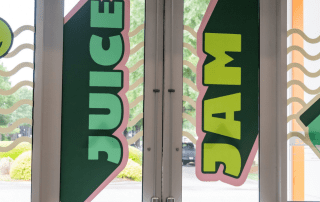 window decals, custom retail glass door graphics for Clean Juice event by Element 4 Signs & Graphics